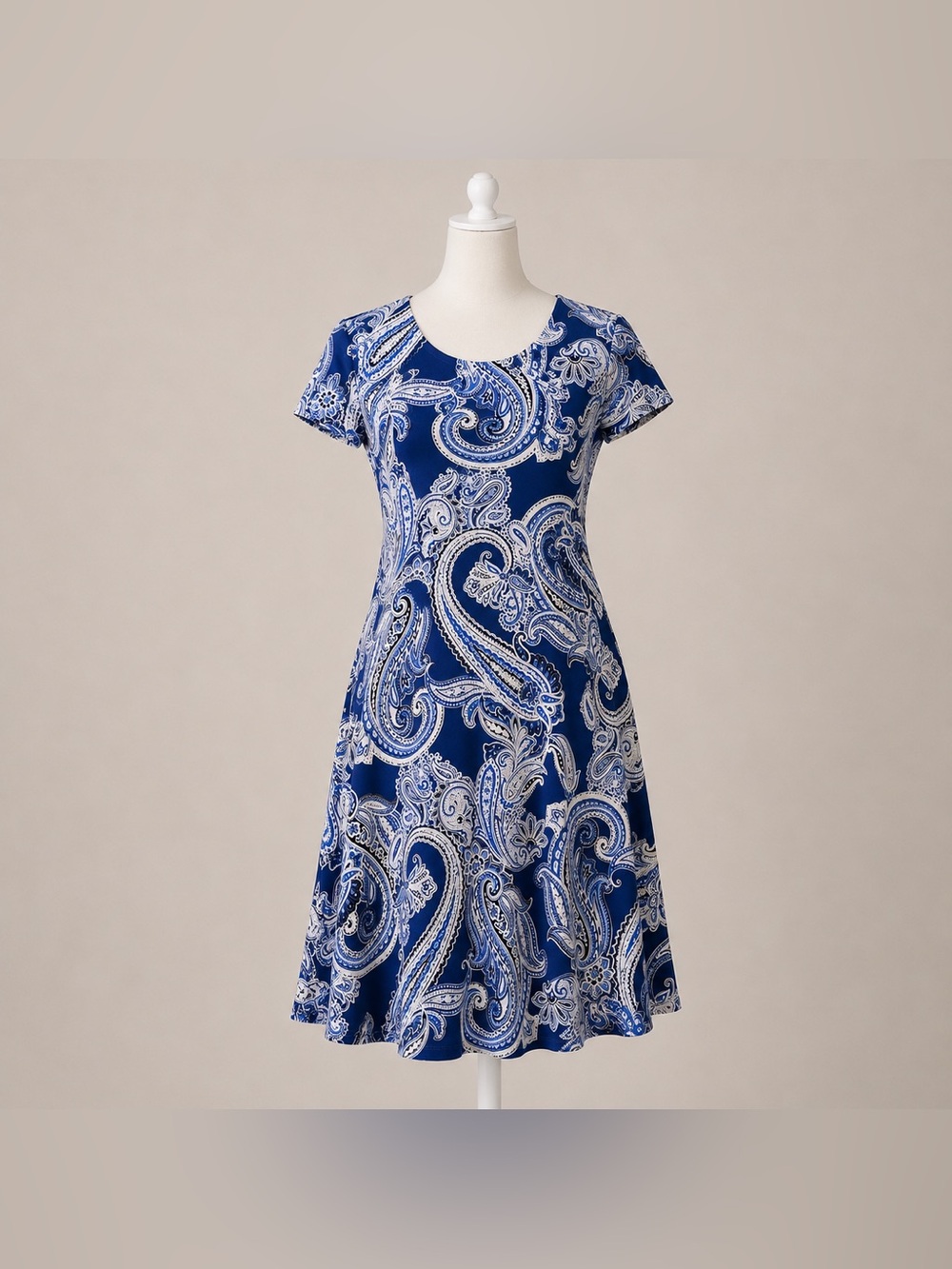 Blue White Paisley Swing Dress Short Sleeve Stretch Size L